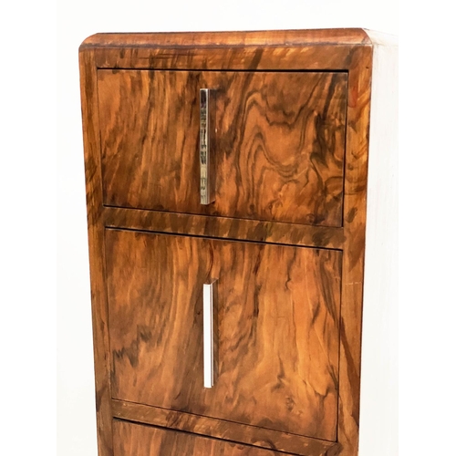 134 - ART DECO BEDSIDE CHESTS, a pair, burr and figured walnut, each with three drawers and chrome handles... 