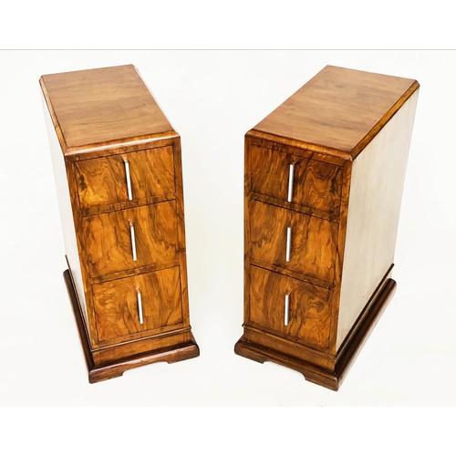 134 - ART DECO BEDSIDE CHESTS, a pair, burr and figured walnut, each with three drawers and chrome handles... 