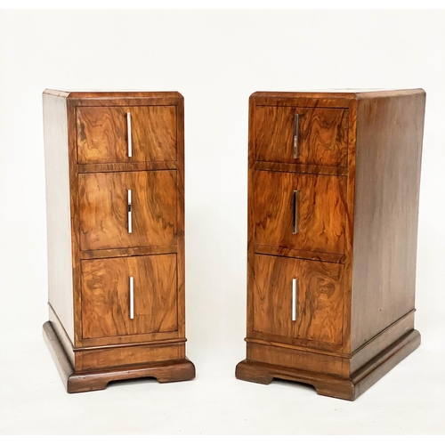 134 - ART DECO BEDSIDE CHESTS, a pair, burr and figured walnut, each with three drawers and chrome handles... 