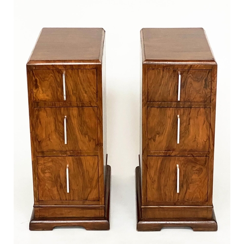 134 - ART DECO BEDSIDE CHESTS, a pair, burr and figured walnut, each with three drawers and chrome handles... 