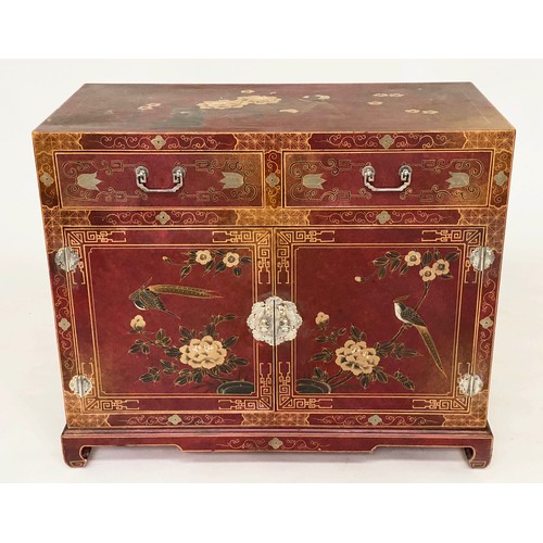 120 - CHINESE CABINET, vintage Chinese scarlet lacquered and gilt Chinoiserie decorated with two drawers a... 