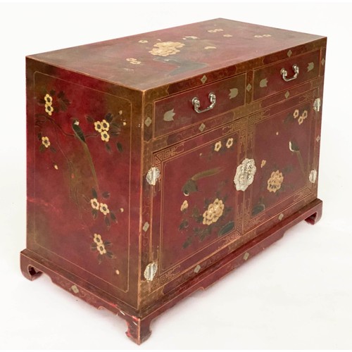 120 - CHINESE CABINET, vintage Chinese scarlet lacquered and gilt Chinoiserie decorated with two drawers a... 