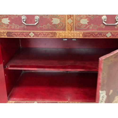 120 - CHINESE CABINET, vintage Chinese scarlet lacquered and gilt Chinoiserie decorated with two drawers a... 