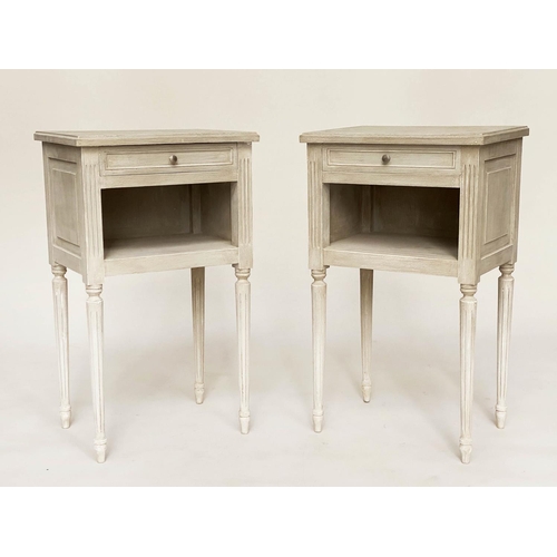 121 - LAMP TABLES, a pair, French Louis XVI style, grey painted each with drawer and tapering fluted suppo... 