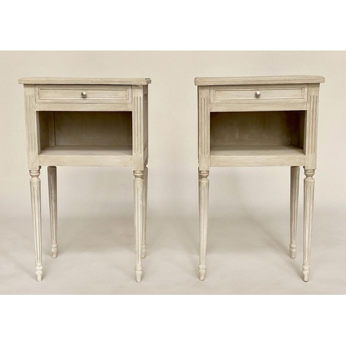 121 - LAMP TABLES, a pair, French Louis XVI style, grey painted each with drawer and tapering fluted suppo... 