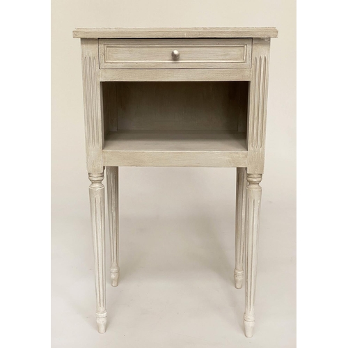 121 - LAMP TABLES, a pair, French Louis XVI style, grey painted each with drawer and tapering fluted suppo... 