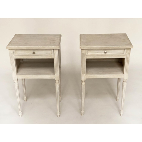 121 - LAMP TABLES, a pair, French Louis XVI style, grey painted each with drawer and tapering fluted suppo... 