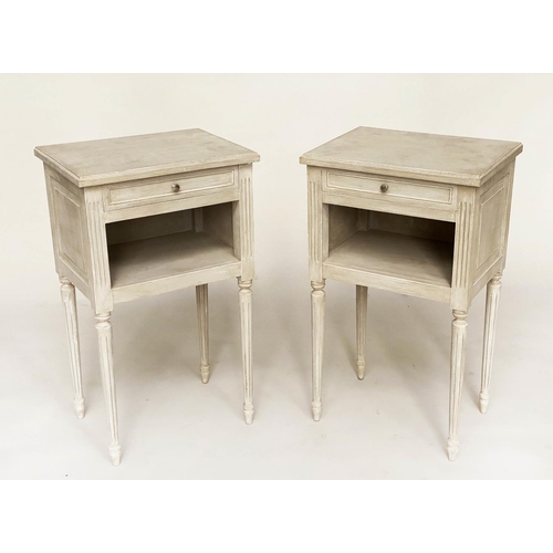 121 - LAMP TABLES, a pair, French Louis XVI style, grey painted each with drawer and tapering fluted suppo... 