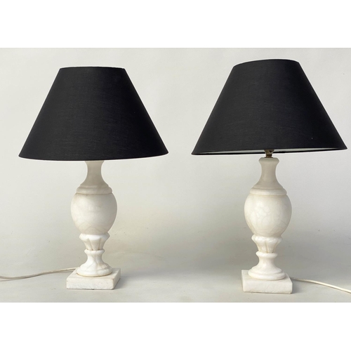 125 - TABLE LAMPS, a pair, white marble baluster turned columns (with shades), 51cm H. (2)