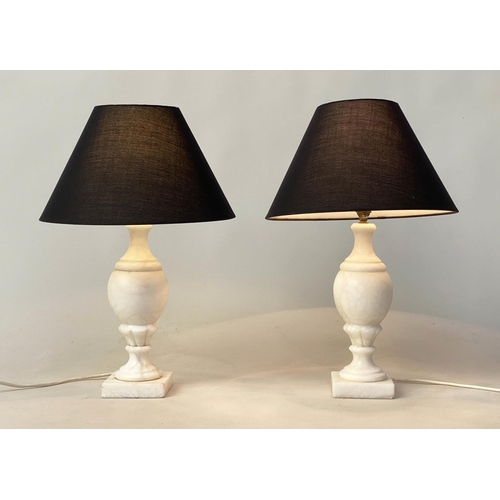 125 - TABLE LAMPS, a pair, white marble baluster turned columns (with shades), 51cm H. (2)