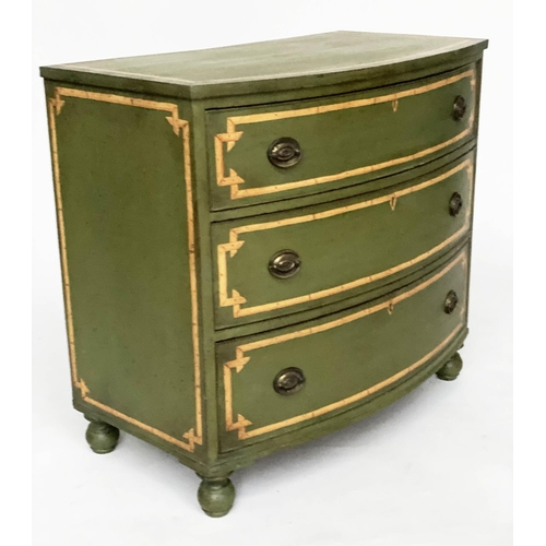 126 - BOWFRONT CHEST, early 19th century and later, green and faux bamboo painted with three long drawers,... 