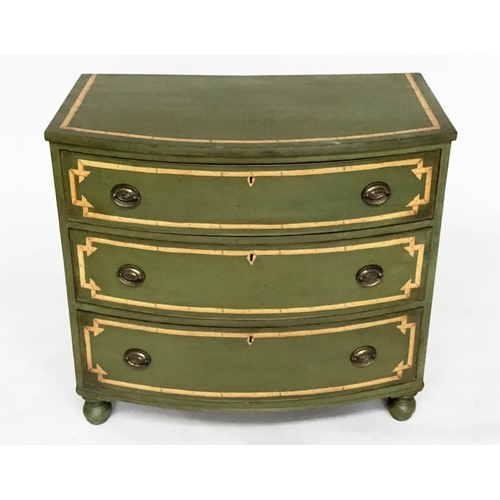 126 - BOWFRONT CHEST, early 19th century and later, green and faux bamboo painted with three long drawers,... 