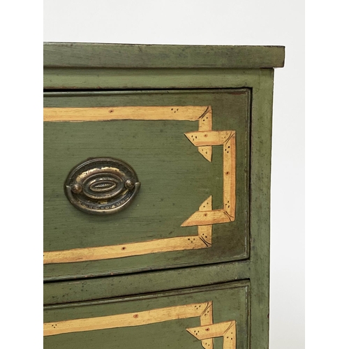 126 - BOWFRONT CHEST, early 19th century and later, green and faux bamboo painted with three long drawers,... 