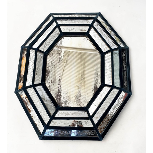 129 - WALL MIRROR, 19th century Venetian, octagonal cushion shape with stepped etched marginal plates, 100... 