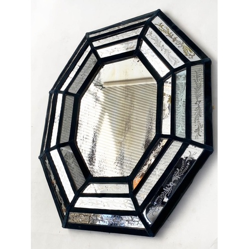 129 - WALL MIRROR, 19th century Venetian, octagonal cushion shape with stepped etched marginal plates, 100... 