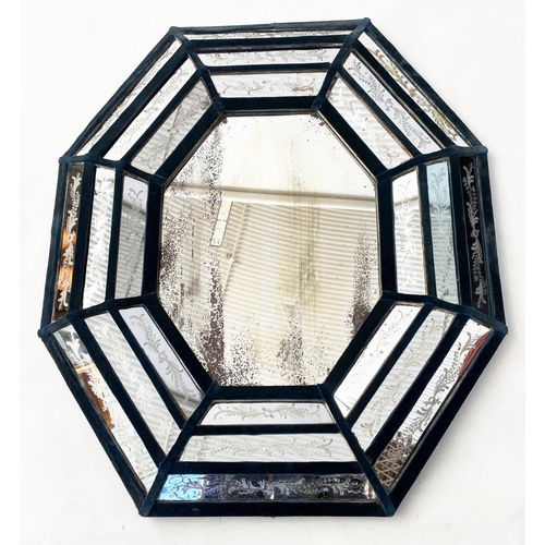 129 - WALL MIRROR, 19th century Venetian, octagonal cushion shape with stepped etched marginal plates, 100... 