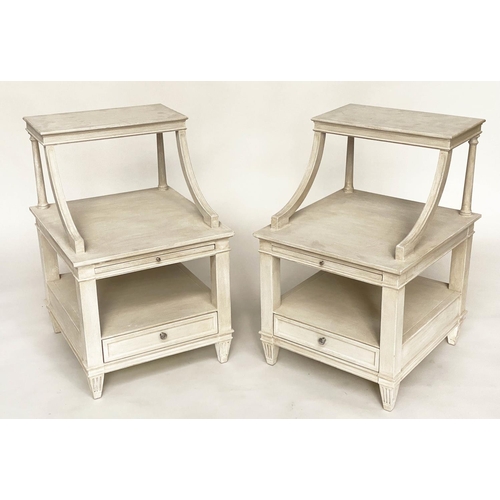 131 - BEDSIDE/LAMP TABLES, a pair, French traditionally grey painted each with two tiers, brushing slide a... 