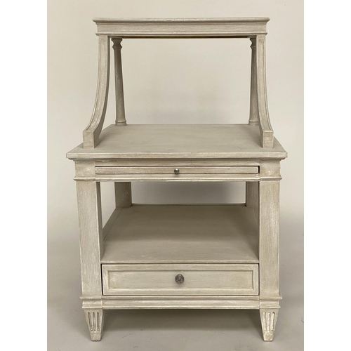 131 - BEDSIDE/LAMP TABLES, a pair, French traditionally grey painted each with two tiers, brushing slide a... 