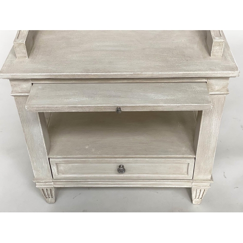 131 - BEDSIDE/LAMP TABLES, a pair, French traditionally grey painted each with two tiers, brushing slide a... 