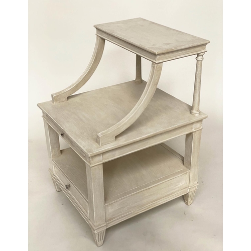 131 - BEDSIDE/LAMP TABLES, a pair, French traditionally grey painted each with two tiers, brushing slide a... 