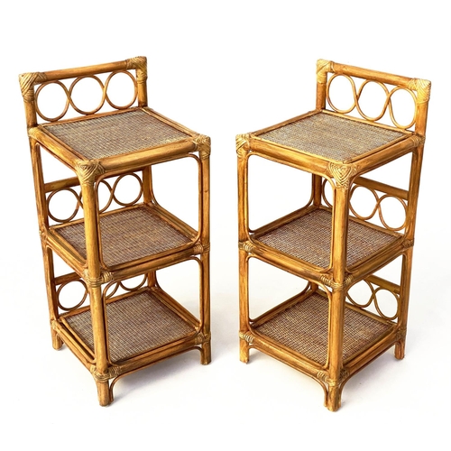 133 - LAMP TABLES, 80cm H x 34cm W x 34cm D, a pair, rattan bamboo framed and cane bound with three panell... 