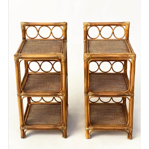 133 - LAMP TABLES, 80cm H x 34cm W x 34cm D, a pair, rattan bamboo framed and cane bound with three panell... 