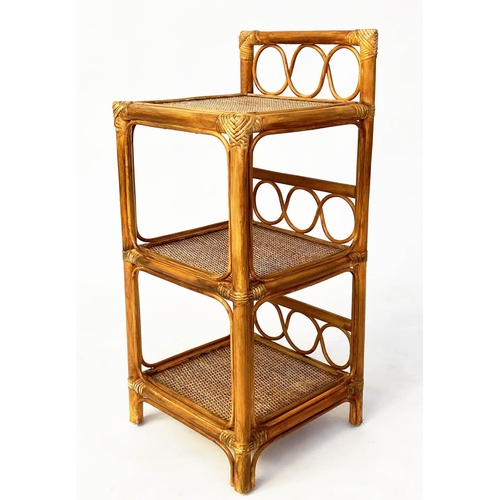 133 - LAMP TABLES, 80cm H x 34cm W x 34cm D, a pair, rattan bamboo framed and cane bound with three panell... 