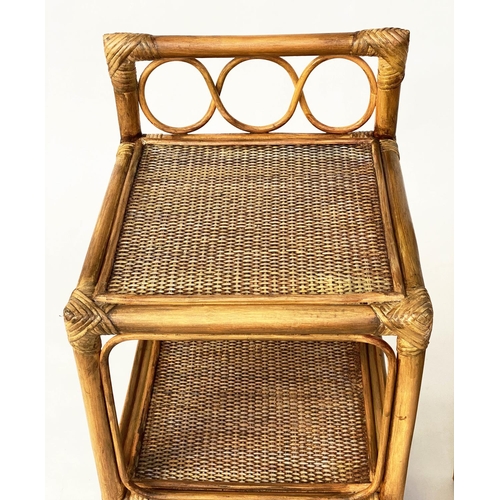 133 - LAMP TABLES, 80cm H x 34cm W x 34cm D, a pair, rattan bamboo framed and cane bound with three panell... 