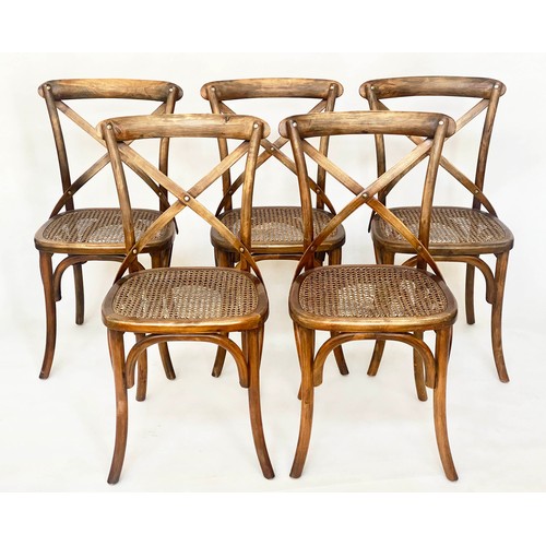 506 - DINING CHAIRS, a set of five, 89cm x 54cm x 50cm, OKA style bentwood with X backs and cane seats. (5... 