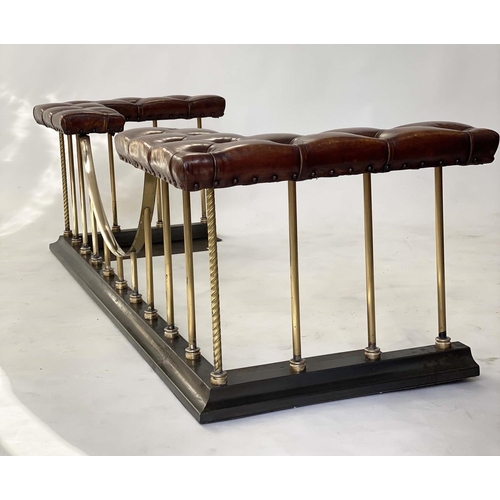 507 - CLUB FENDER, traditional early 20th century buttoned tan leather seat pads raised upon brass balustr... 