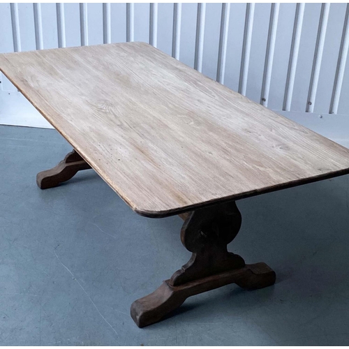 532 - REFECTORY DINING TABLE, round rectangular oak, planked and raised upon shaped trestle supports with ... 