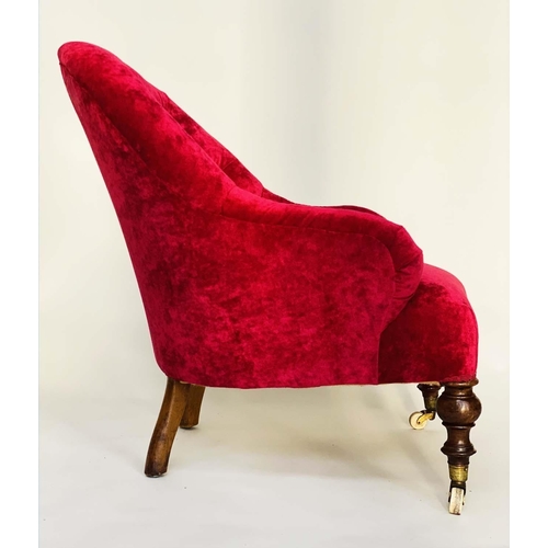 533 - ARMCHAIR, Victorian mahogany with scarlet chenille velvet upholstery with deep buttoned rounded back... 