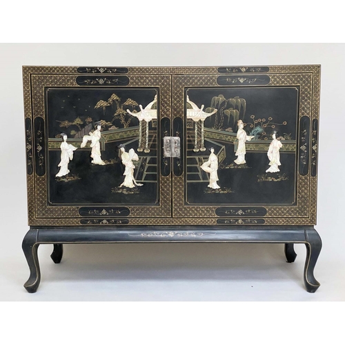 538 - CHINESE CABINET, Chinese lacquered and Chinoiserie gilded and mounted with two sliding doors enclosi... 