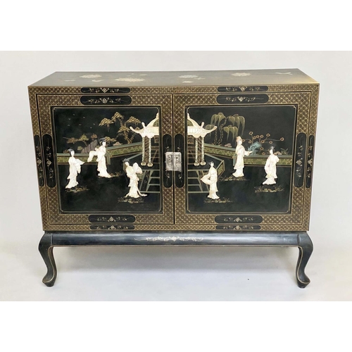 538 - CHINESE CABINET, Chinese lacquered and Chinoiserie gilded and mounted with two sliding doors enclosi... 