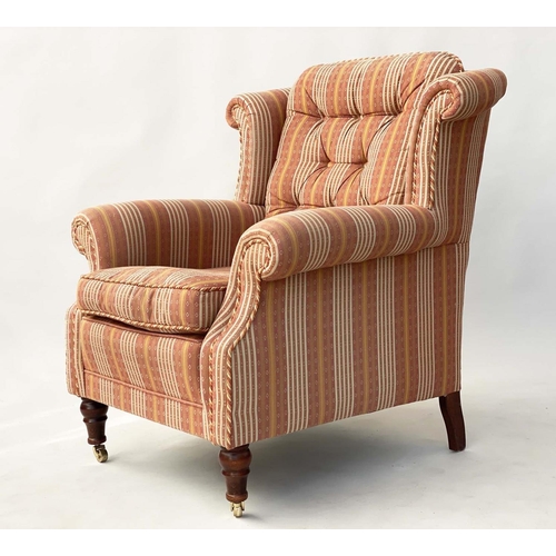 548 - WING ARMCHAIR, buttoned, corded striped fabric with scroll arms and turned front supports, 82cm.