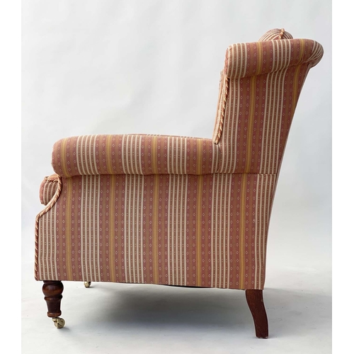 548 - WING ARMCHAIR, buttoned, corded striped fabric with scroll arms and turned front supports, 82cm.