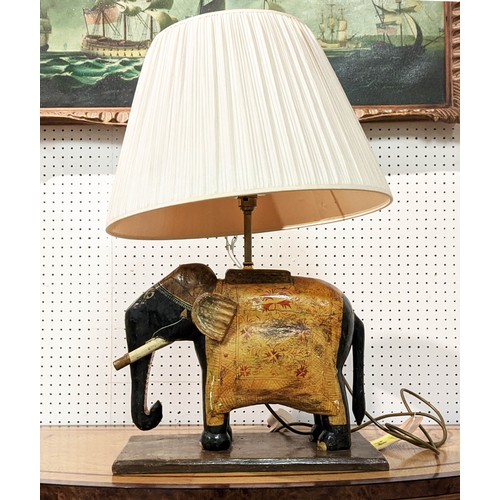 14 - ELEPHANT TABLE LAMP, base 41cm x 63cm H, 33cm H Indian painted and carved wood, with shade.