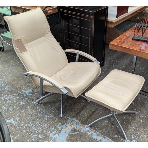LOUNGE CHAIR AND STOOL, 70cm W, neutral leather finish. (2)