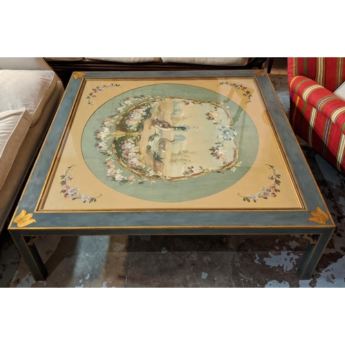 278 - COFFEE TABLE, 130cm x130cm x 42cm H, painted with floral, duck and gilt detail with old circular pai... 