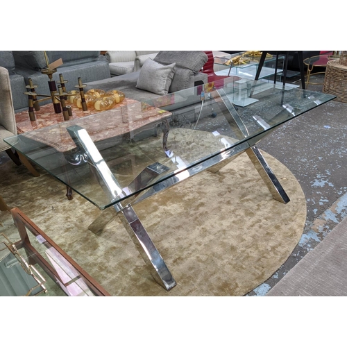 303 - ATTRIBUTED TO ANDREW MARTIN DINING TABLE, polished metal, glass top, 198cm x 96.5cm x 75cm.