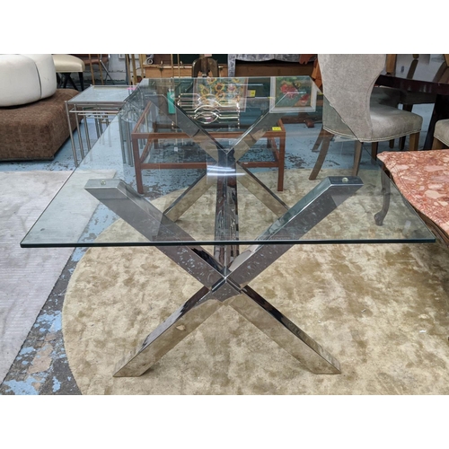 303 - ATTRIBUTED TO ANDREW MARTIN DINING TABLE, polished metal, glass top, 198cm x 96.5cm x 75cm.