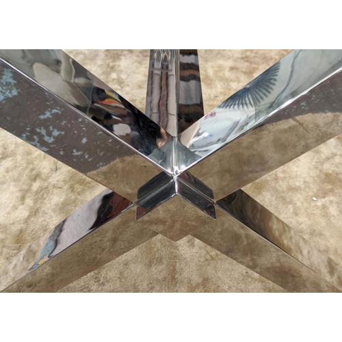 303 - ATTRIBUTED TO ANDREW MARTIN DINING TABLE, polished metal, glass top, 198cm x 96.5cm x 75cm.