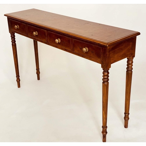 257 - HALL TABLE, George III design burr walnut rectangular with four short drawers and turned tapering su... 