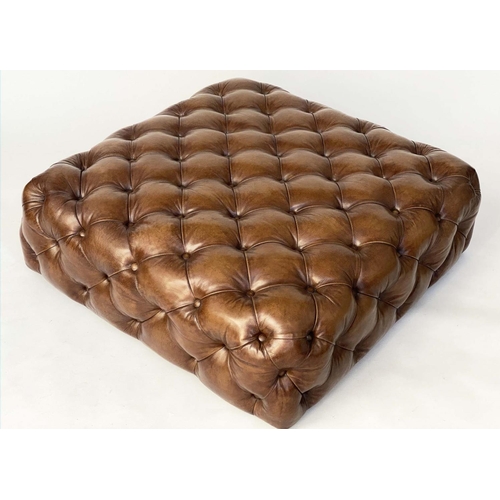 258 - HEARTH/CENTRE STOOL, square Timothy Oulton style allover buttoned tan leather, 105cm x 105cm x 38cm ... 
