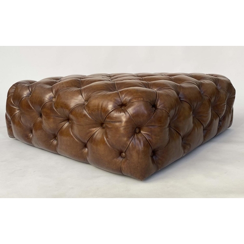 258 - HEARTH/CENTRE STOOL, square Timothy Oulton style allover buttoned tan leather, 105cm x 105cm x 38cm ... 