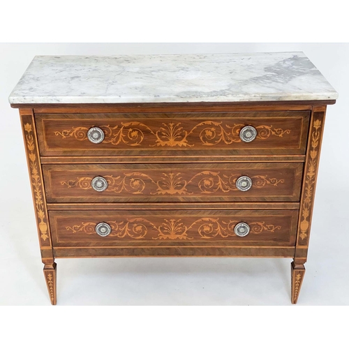 261 - NORTH ITALIAN STYLE COMMODE, walnut, kingwood and satinwood marquetry with three long drawers and va... 