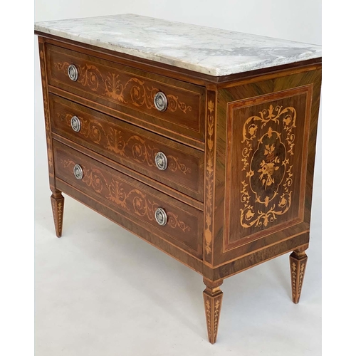 261 - NORTH ITALIAN STYLE COMMODE, walnut, kingwood and satinwood marquetry with three long drawers and va... 