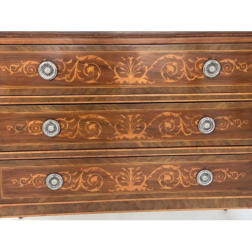 261 - NORTH ITALIAN STYLE COMMODE, walnut, kingwood and satinwood marquetry with three long drawers and va... 