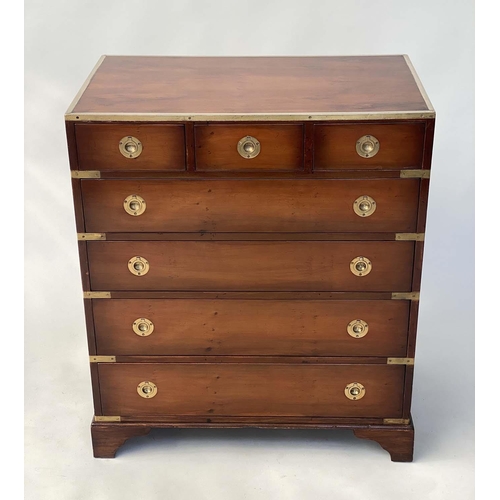 256 - CAMPAIGN STYLE CHEST, brass bound with three short above four long drawers, 76cm x 90cm H x 46cm.