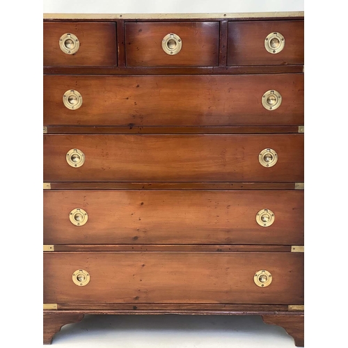 256 - CAMPAIGN STYLE CHEST, brass bound with three short above four long drawers, 76cm x 90cm H x 46cm.
